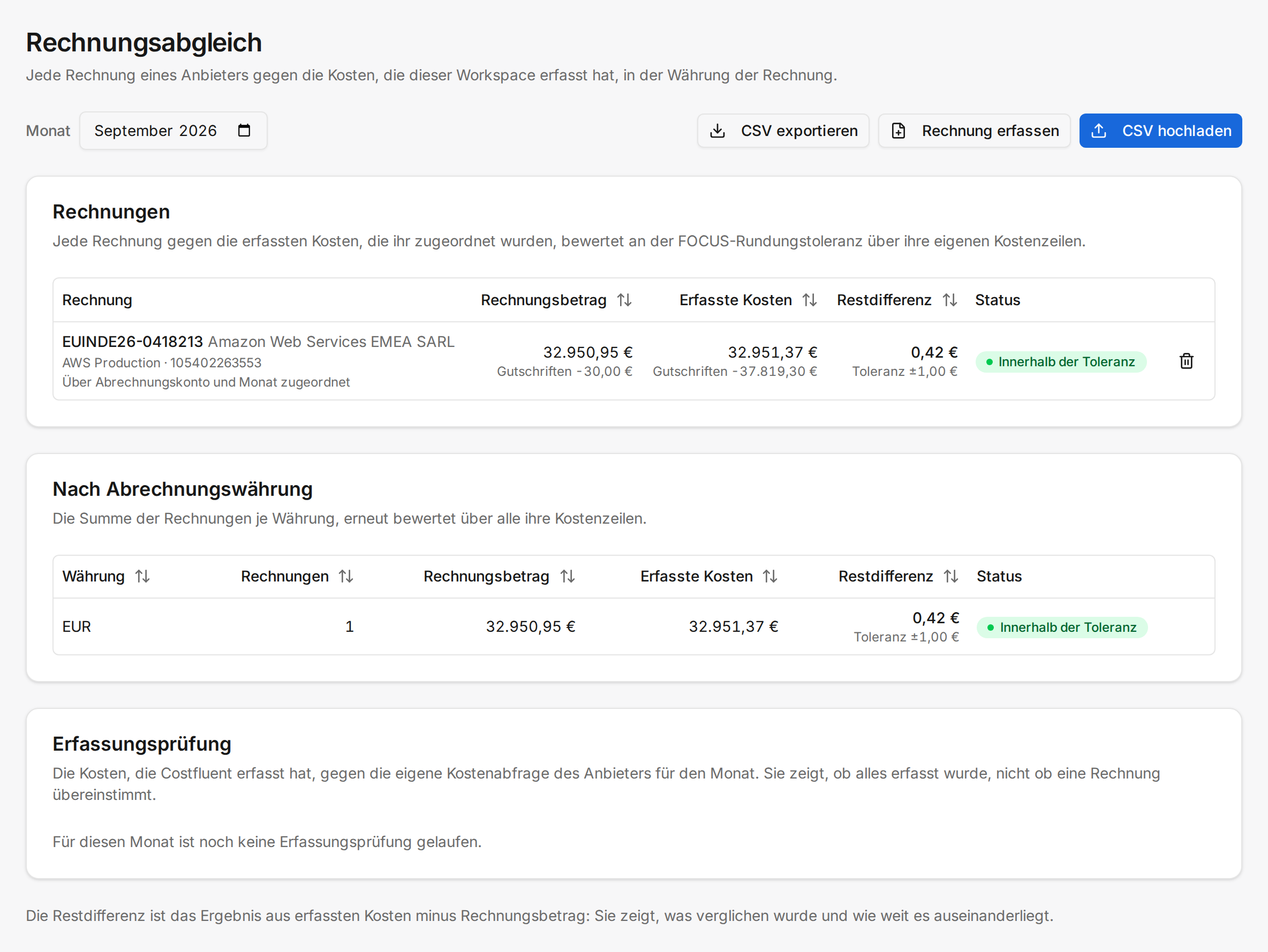 Die Seite Rechnungsabgleich für September 2026 mit einer AWS-Rechnung, ihrer Restdifferenz, der Zeile unter Nach Abrechnungswährung und der Erfassungsprüfung